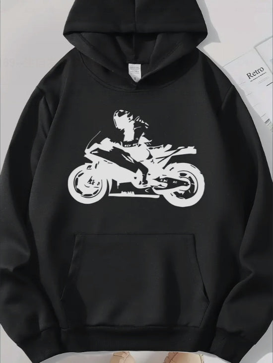 Motorcycle Print Kangaroo Pocket Hoodie